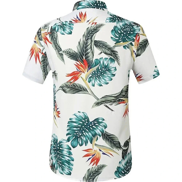 ❤️Men White Short Sleeve Button Down Casual Beach  Tropical Holiday Shirts - Picture 3 of 7